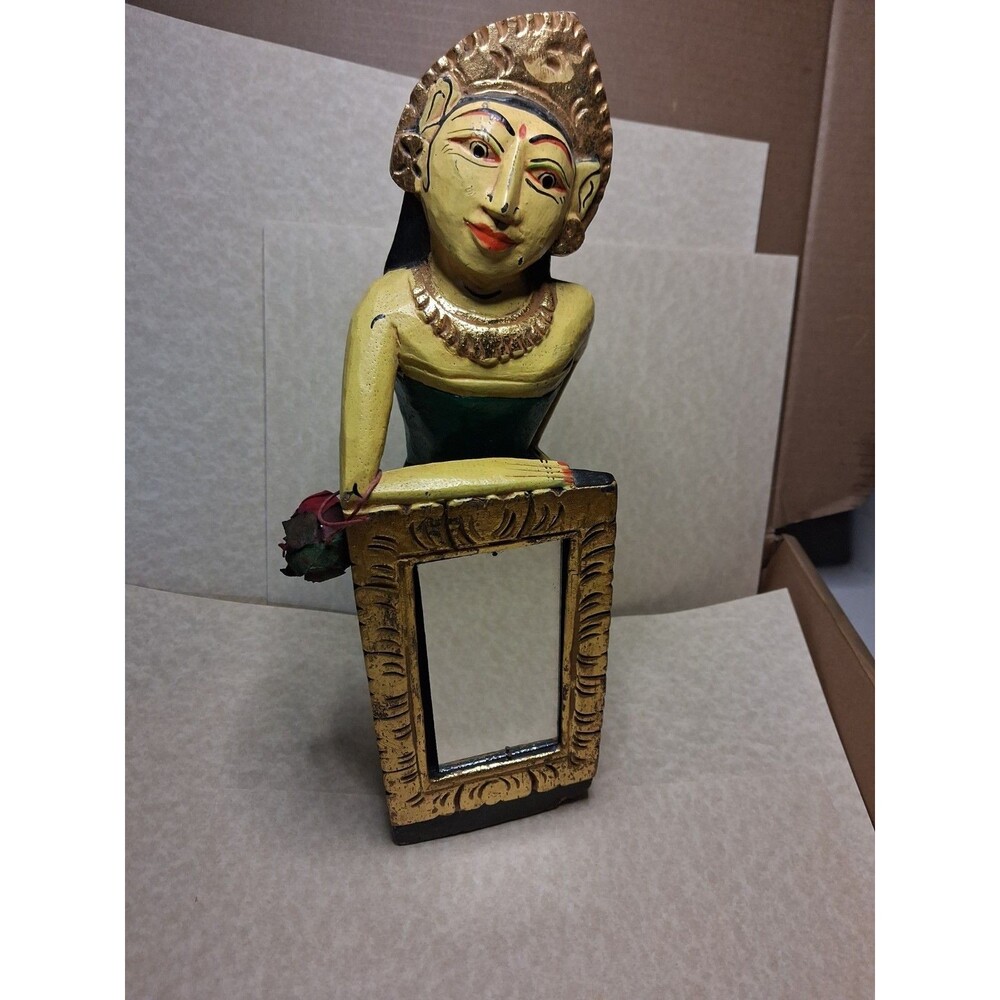 Hindu India Wood Carving Religious Spiritual Woman Holding Mirror